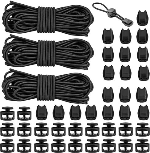 43 Teile Kordelstopper Gummiband Schwarz Gummischnur 3mm Bungee Cord Gummikordel 3mm Kordelzug Set Mit 3x5m Elastischem Seil 20 Verschlussklemmen Und 20 Endkappen in Schwarz Für Haushalt Und Bastel