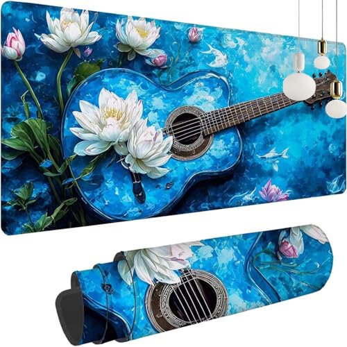Tappetino Mouse XXL 900x400x3mm, Bianco Chitarra Grande Mouse Pad da Gioco, Mousepad per Tappetino Gaming Bordi Cuciti con Base in Gomma Naturale Antiscivolo, Morbida Cuscino per Ufficio e Gioco y-13