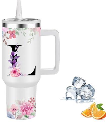 Personalisierter Thermobecher Groß, 100% Auslaufsicher Thermosflasche mit Strohhalm, 1,2 l Edelstahl Trinkflasche für Kohlensäurehaltige Getränke, Personalisierte Geschenke Tasse mit Buchstaben (L)