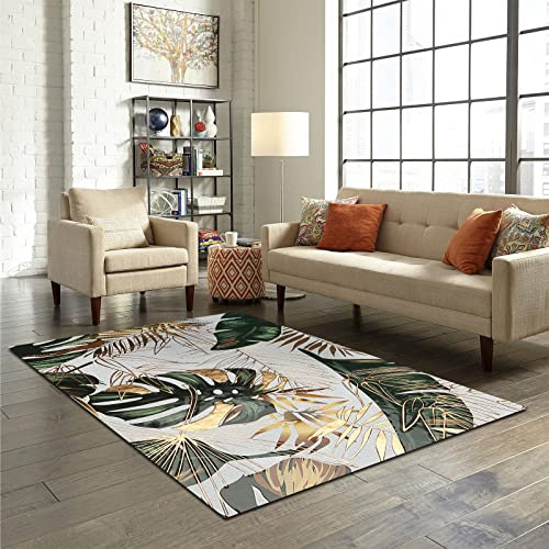 Tapis tropical géant avec feuilles de palmier doré et feuille de bananier pour salon, chambre à coucher, salle à manger, bureau, couloir - 150 x 240 cm - Décoration d'intérieur