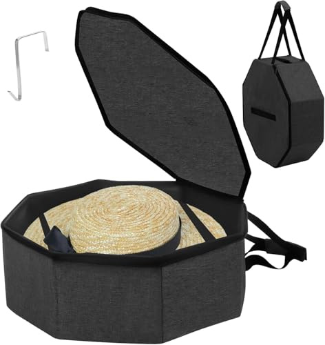 Gachiwar - Caja de sombreros para viaje y almacenamiento, 43 x 43 x 18 cm, con tapa, organizador de sombreros plegable con cremallera, con asas y correa para el hombro, color negro