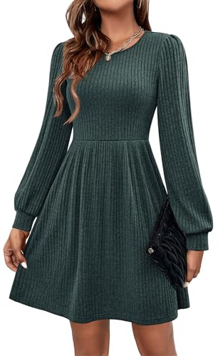 Hotouch Abito a maglia da donna, a maniche lunghe, con scollo rotondo, invernale, lunghezza al ginocchio, con tasche, verde, XXL