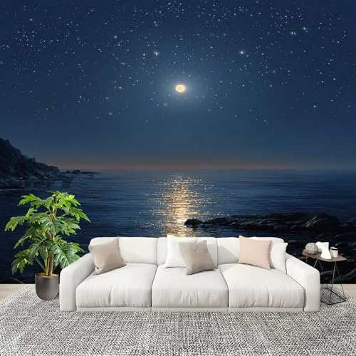 Cielo Estrellado, Vista Al Mar Fotomurales Pared Papel Pintado 300x210 cm Azul Tejido No Tejido Fotomurales Dormitorio Para la sala Decoración de pared tipo póster Fondo De Pantalla