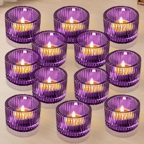 Spetsbst 12 Stück Teelichthalter, Teelichtgläser Lila Kerzenhalter Glas Verdickt Kerzenhalter, 5.3 x 3.4 cm Kerzengläser Teelichthalter für Home und Hochzeit Decoration Tischdeko