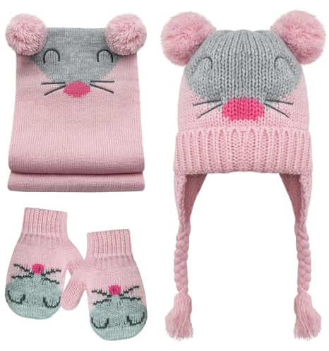 3 In 1 Wintermütze Schal Handschuhe Kinder Set, Strick Kinderschal Kinderhandschuhe, Warme Wintermütze Mädchen Jungen, Babymütze Strickmütze Beanie Mit Bomme, Fäustlinge Kinder (Rosa, 2-3 Jahre)