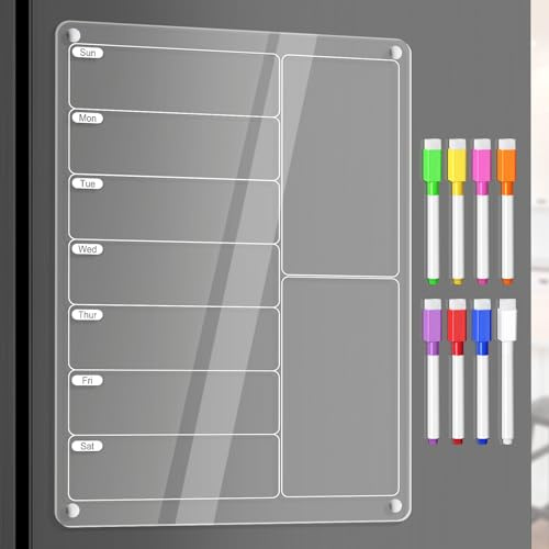 Planificateur de repas magnétique en acrylique et tableau de menu hebdomadaire pour réfrigérateur – Calendrier transparent effaçable à sec avec 8 marqueurs – Liste de courses, tâches à faire, tableau