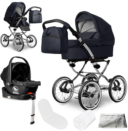 Bergsteiger Venedig Nostalgie Kombikinderwagen 4-in-1 – Babywanne, Sportsitz, i-Size Babyschale & Isofix-Station, Luftreifen, höhenverstellbar, faltbar, Zubehör
