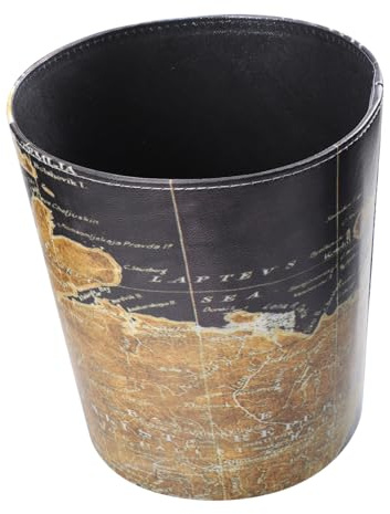 LOLIPPYY Cubo De Basura Redondo Vintage Cuero Patrón Mapa, Tamaño Mediano, Sin Tapa, Contenedor De Residuos Para Baño, Dormitorio y Oficina, Diseño Retro Multiusos