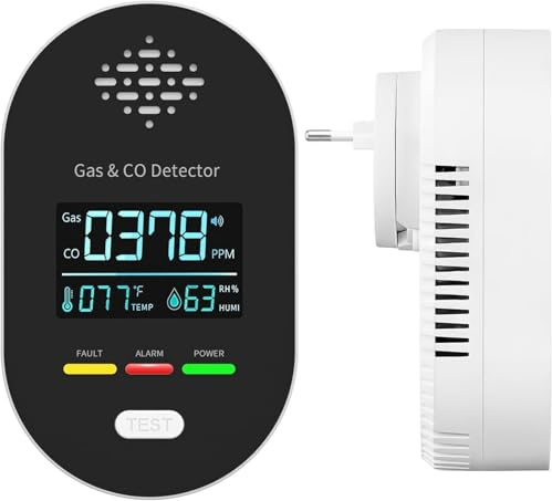 4 in1 Gas- und CO-Melder mit Stecker für Haus, Kohlenmonoxidmelder CO-Warnmelder Zuhause, Gasmelder Brenngaswarnmelder Gasleckmelder für Erdgas LPG Methan Propan Butan (1, Schwarz)