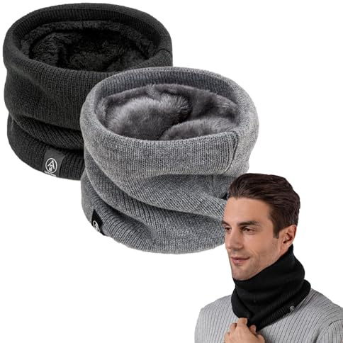 Thermal Knitted Neck Warmer Set of Two - Fleece-Lined Snood Gaiter for Outdoor Cycling Running Hiking Skiing and Motorbike Riding in Cold Winter Weather, Black and Grey for Adults UK Sizes 6-11,