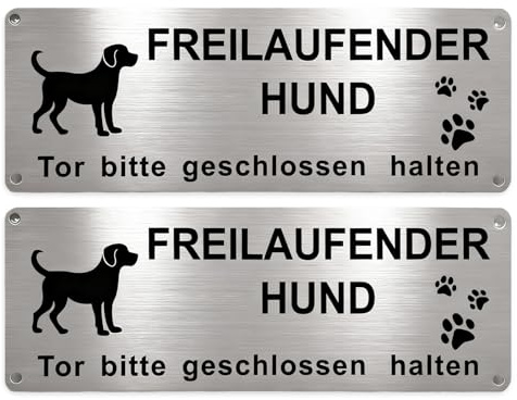 2 Stück Achtung Hund Warnschilder, Vorsicht Freilaufender Hund Schild, Aluminium-Warnschild mit selbstklebender Rückseite und abgerundeten Ecken, 25x9 cm, für Innen- und Außenbereich​