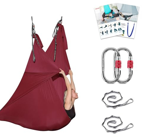 JANAGIN Aerial Yoga Hängematte Set, 500x280 cm Yogatuch zum Aufhängen mit Beschläge, 1000 Kg Max, Erwachsene Turngeräte (Weinrot)