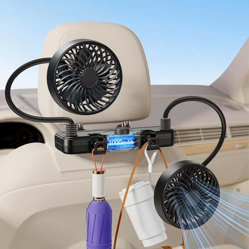 xuenair 3000mAh Dual 360 Hose Rechargeable Fan for Car SUV RV Pickup Vehicle Headrest, Car Seat Fan for Baby Kids Rear Facing - Quiet Stepless Wind Speed 2 Storage Hook Hanging Items