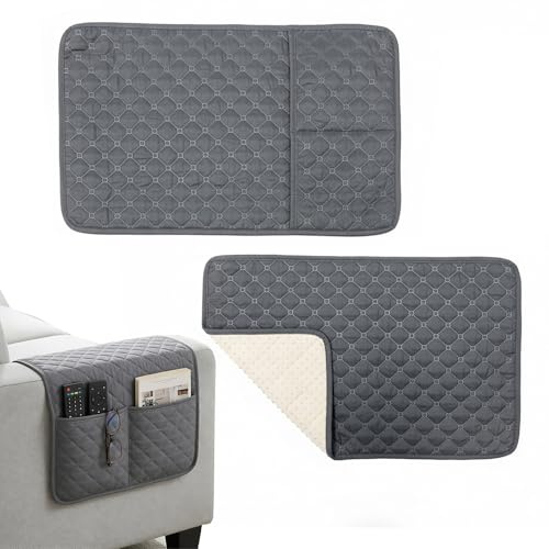 xtemtoamz Sofa Armlehnen Organizer, Sesselschoner mit Seitentasche für Fernbedienung, Rutschfester Sofa Schoner für Couch & Sessel, Maschinenwaschbarer Möbelschutz 60x40 cm (Grau)