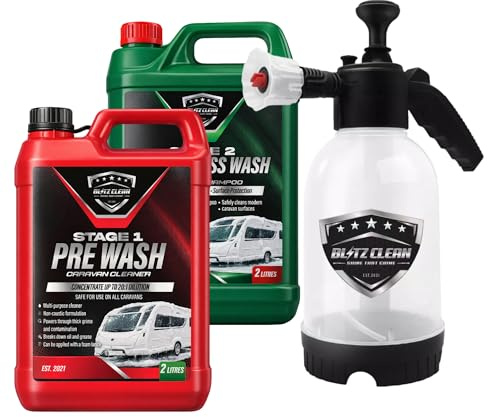 Concentrated Caravan Cleaning Kit with Pump Handheld Sprayer – Stage 1 Pre Wash Cleaner & Stage 2 Super Carnauba Wax Shampoo, Exterior Cleaning for Caravans & Motorhomes(2L Stage 1/Stage 2 + Sprayer)