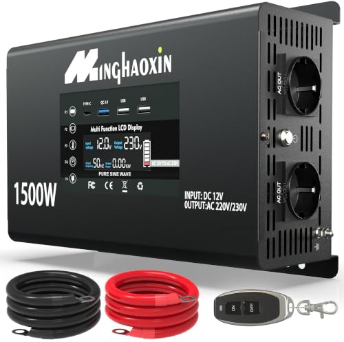 1500W Convertisseur 12v 220v Pur Sinus Transformateur Onduleur | Écran LCD, Télécommande, Ports USB+TYPE-C, Pour RV Voiture Camion Camping Caravane Bateau