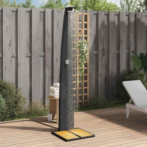 Doccia da giardino nera in polyrattan e legno di acacia, 55 x 60 x 224 cm, con telaio in acciaio verniciato a polvere, autoportante, per giardino e piscina, resistente ai raggi UV