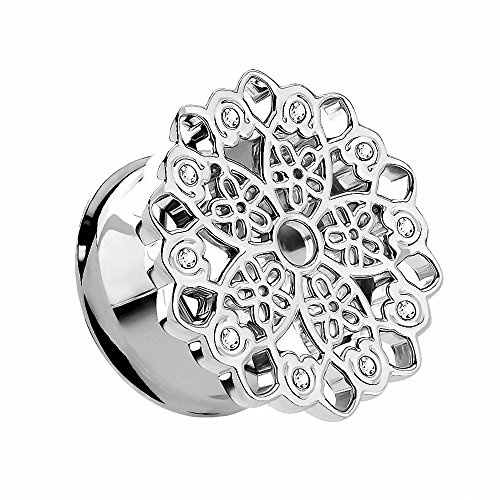 Piercingfaktor Flesh Tunnel Ohr Piercing Plug Ohrpiercing Tribal Vintage Blume Motiv mit vielen Kristallen Silber 14mm