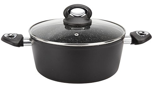 Crealys 520043 Faitout GRANITY diam. 24 cm en aluminium forgé revêtement noir anti-adhérent sans PFOA - aspect pierre - couvercle en verre - tous feux dont induction
