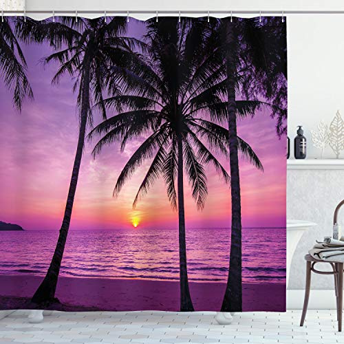 ABAKUHAUS Baum Duschvorhang, Palmen Silhouette Lila, Stoffliches Gewebe Badezimmerdekorationsset mit Haken, 175 x 240 cm, Schwarz Lila