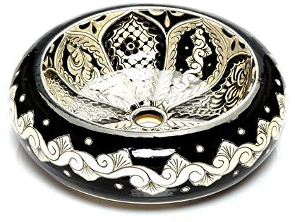 Atalaya - Lavabo da appoggio rotondo messicano in ceramica, 40 cm, colore: nero, ideale per bagno con effetto legno, piastrelle in cemento, mobile rustico