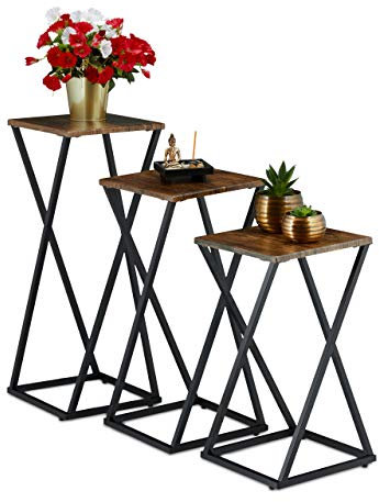Relaxdays Juego de 3 Soportes para Plantas, diseño de columnas de Flores, Color marrón y Negro, 3 Unidades