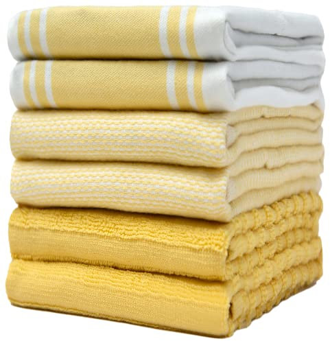 Premium Kitchen Towels 6 Pack | Large Cotton Kitchen Hand Towels | Soft & Absorbent Tea Towels with Hanging Loop | Vintage Striped Flat Terry Towel - Yellow (50 x 70cm)