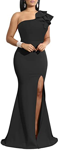 YMDUCH Women's Sexy Sleeveless One Shoulder Ruffle High Split Party Evening Long Formal Dress Black