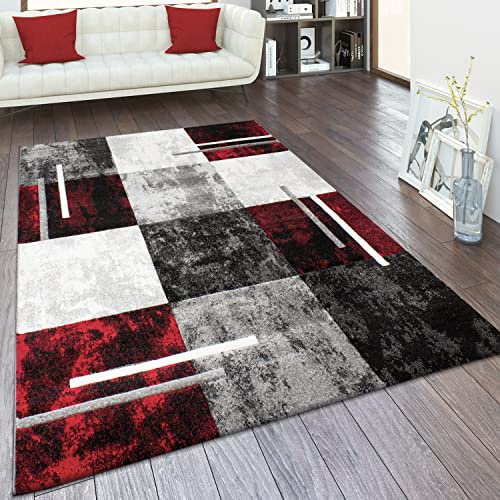 Paco Home Teppich Wohnzimmer Kurzflor Schlafzimmer Moderne Vintage Optik Geometrisches Muster Kariert 3D Effekt Konturenschnitt, Grösse:80x150 cm, Farbe:Grau-Rot