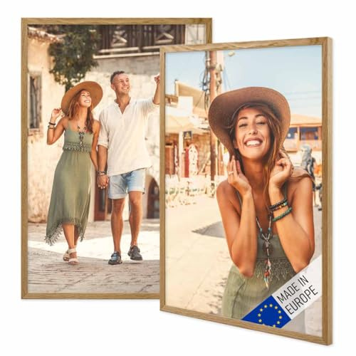 PHOTOLINI Bilderrahmen 40x60 Holz Eiche 2er Set, 40x60 cm Bilderrahmen Made in EU, Holzrahmen 60x40 mit bruchsicherem Acrylglas, Rahmen zum Aufhängen mit Zubehör - für Ihre liebsten Fotos & Bilder