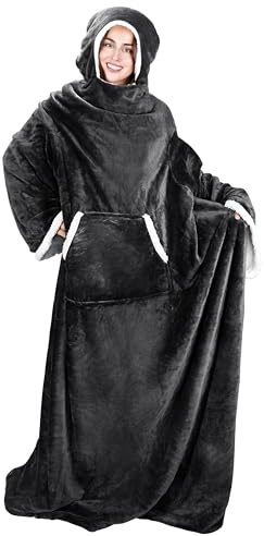 Catalonia Classy Tragbare Decke mit Ärmeln und Kapuze, warme, bequeme, große Fleece-Plüsch-Überwurfdecke mit Ärmeln, Armen für erwachsene Frauen und Männer