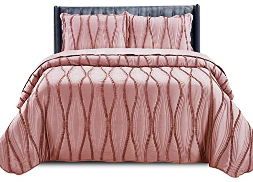 B&B New Quilted Bedspread Throw Embossed Pattern Frilled Bedspreads with Matching Pillow Cases - Luxury Bedspread Bed Throw Coverlets Bedding Set (Pink, Single)