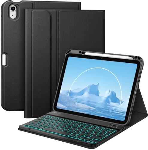 FINTIE Hülle mit Tastatur für iPad A16 11 Generation/10 Gen (11/10.9 Zoll) | 7-farbige Hintergrundbeleuchtung, Magnetisch abnehmbare, deutsche Bluetooth-Tastatur Hülle mit Stifthalter, Schwarz