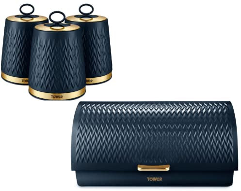 Tower Empire Bread Bin & Canisters Kitchen Set in Midnight Blue with Brass Accents. Art Deco Design Kitchen Storage Set