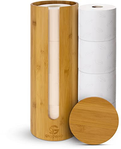 Ersatzrollenhalter aus Bambus rund mit Deckel 4 Rollen Toilettenpapierhalter Holz Toilettenpapier Aufbewahrung stehend WC Klopapieraufbewahrung Toilet Paper Storage Toilettenpapiermagazin rund - Grey