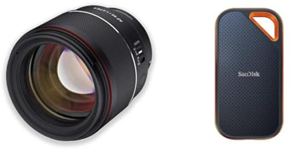 Samyang AF 85mm F1 & SanDisk Extreme PRO Portable SSD externe SSD 2 TB (externe Festplatte mit SSD Technologie 2