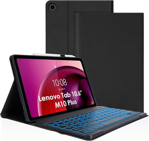 LAMA Custodia con Tastiera Retroilluminata per Lenovo Tab M10 Plus 3a Gen (2022) 10,6, Custodia Protettiva in Pelle PU con Tastiera e Portapenna per Lenovo Tab M10 Plus (TB125FU/TB128FU/TB128XU)