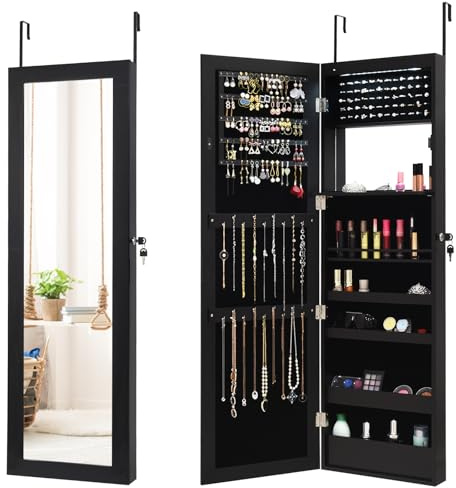RELAX4LIFE Armoire à Bijoux Murale/Suspendue, Miroir Porte Bijoux Accrochable Verrouillable, Éclairage LED, Miroir HD Plein Longueur, Rangement pour Bracelets Colliers Bagues, Gain de Place (Noir)