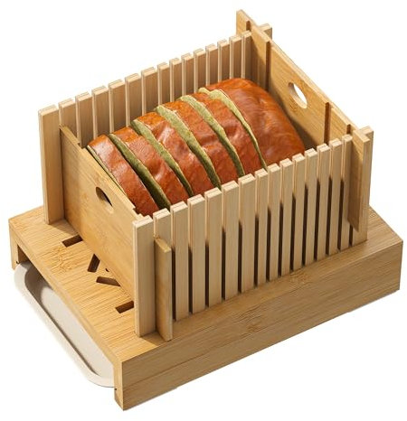 FILWH Bread Slicer Bamboo Wood with Crumb Tray Adjustable Bread Slicing Guide Foldable Compact Cutting Board Easily Cut Homemade Cake Bread