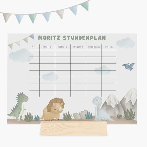 Stundenplan mit individuellem Motiv & Namen, abwischbar, Geschenk zur Einschulung - optionaler Holzaufsteller, DIN A4 mit Stift (Dinowelt transparent)