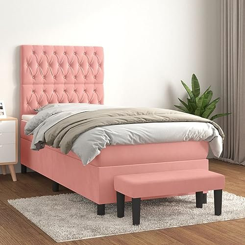 OHOOWOO Boxspringbett mit Matratze Rosa 100x200 cm Samt,Luxuriöses Rosa SamtBoxspringbett mit Verstellbarem Kopfteil und Taschenfederkernmatratze