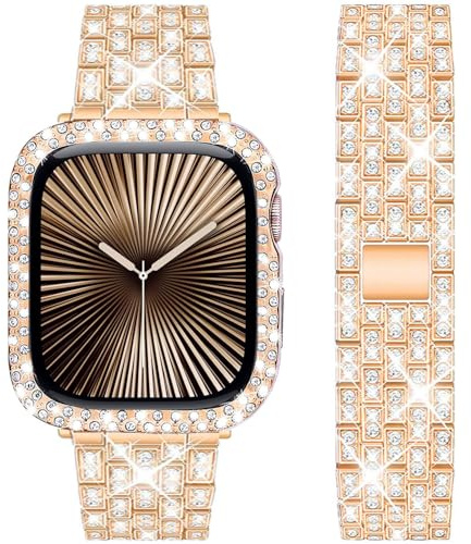 DEALELE Armband kompatibelt med iWatch 40 mm, 44 mm, 41 mm, 45 mm, 49 mm, glitter, strass, diamant, metallarmband med skyddsfodral, ersättning för Apple Watch Series 9/8/7/6/5/4/SE/Ultra, kvinnor och