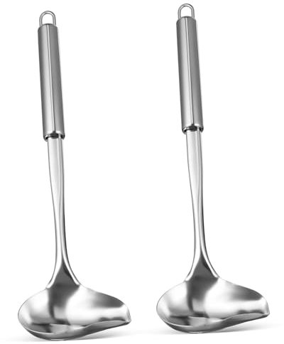 ABOOFAN Stainless Steel Sauce Ladle with Pouring Spout, 2pcs Small Gravy Spoon Set, Long Handle Serving Utensils for Kitchen and Restaurant Use
