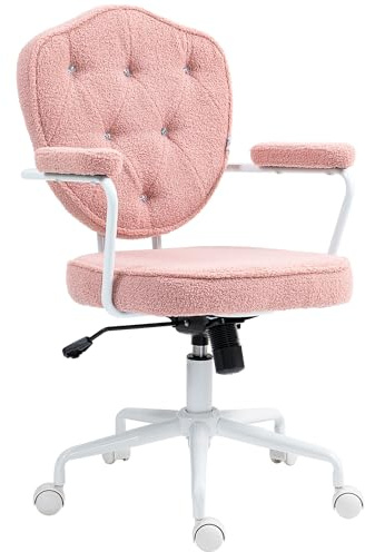 HOMCOM Bürostuhl Ergonomisch mit Wippfunktion für Home Office, Rosa | Schreibtischstuhl, Geknöpfter Bezug, Höhenverstellbar, Computerstuhl mit Drehfunktion, Teddybärvlies