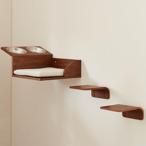 YKHAUPD Cat Climbing Shelves, Cat Shelf, Cat Steps for Wall, 3-piece Cat Wall Furniture Set, With Jumping Platform, Cat Bed, Stainless Steel Double Bowl, Sturdy And Durable, Space Saving