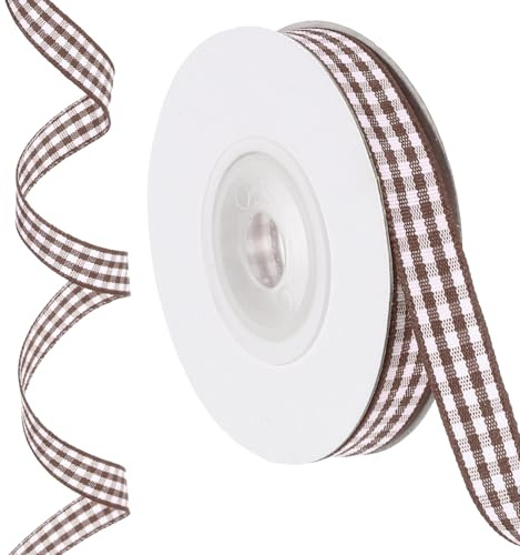 PATIKIL 10 Yardas x 0.4 Cinta de Cuadros tela rayada, Cintas de Empaque de Regalo Marrón Claro Y Blanco para Moños de Acción de Gracias, Coronas, Manualidades, Cumpleaños, Bodas