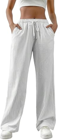 shownicer Damen Leinenhose Sommer Musselin Hosen Stoffhose Einfarbig Freizeithose Gerade Geschnitten Hose Sommerhose Strandhose Mit Taschen A Weiß XS