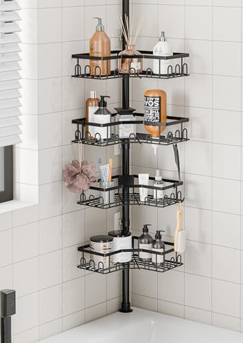 HouseUp Duschregal Teleskop ohne Bohren, Höhenverstellbare Duschablage Ecke mit 4 Ablagen, Badewanne & Küche Eckregal, Shampoo Halterung, Edelstahl (86-298cm)
