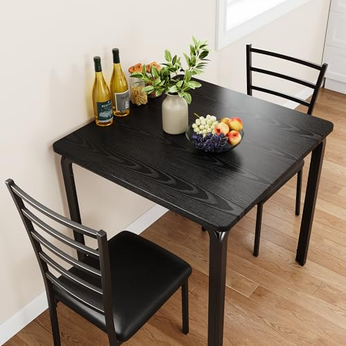 Salutmeuble 3-teiliges Küchentisch-Set, Tisch und Stühle für 2, quadratischer Esstisch aus Metall und Holz mit 2 gepolsterten Stühlen, Esstisch für kleine Räume (Schwarz 2)
