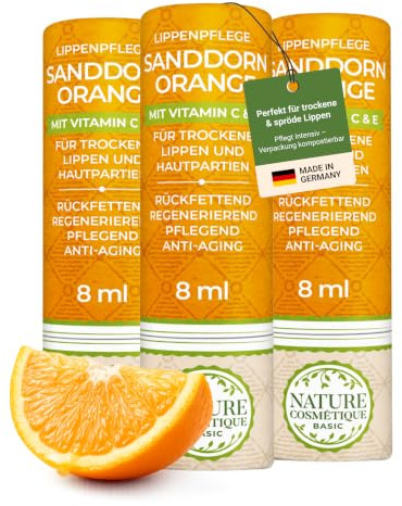 Nature Cosmétique® Basic Lippenpflege 3er SANDDORN ORANGE (Zitrusfrisch, Fruchtig) – mit Bienenwachs & Lanolin für normale, trockene, rissige Haut – Bio Lippenpflegestift – plastikfrei, Push-up Hülse